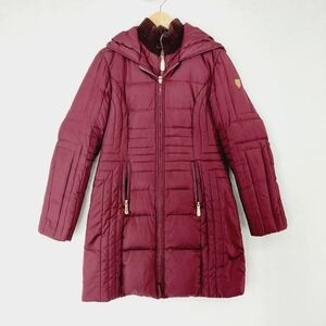 Vince Camuto Burgundy Red Double Quilted Winter Hooded Mid Length Zip Puffer Z42